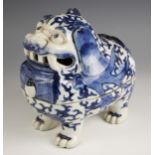 A Chinese porcelain blue and white potpourri in the form of a dog of fo, 20th century, modelled