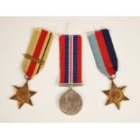 A World War II three, comprising the War Medal 1939-1945, the Africa Star with 8th Army bar, and the