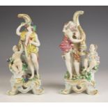 A pair of English porcelain figural groups, 18th century, modelled as man warming his hands to a