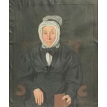 English school (19th century), A half length portrait of a seated spinster in a bonnet holding a