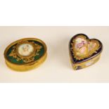 A porcelain enamel Sevres style trinket box, 20th century, of heart shaped form, with a central