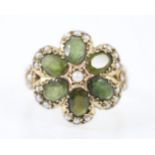 A Victorian style untested tourmaline and seed pearl ring, the six oval cut tourmalines designed