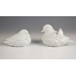A pair of Chinese porcelain blanc de chine mandarin ducks, 20th century, the larger example 17cm