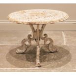 A cast iron garden table or plant stand, of small proportions, the circular openwork top upon