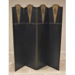 A 1930's three fold leather room screen, each panel inset with a painted gilt wedge, applied with