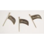 Three silver cheese labels Hampton Utilities, Birmingham 1990, each designed as a flag and