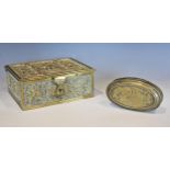 A Dutch brass snuff box, 18th century, of oval form, engraved with biblical scenes, 4cm H x 13cm