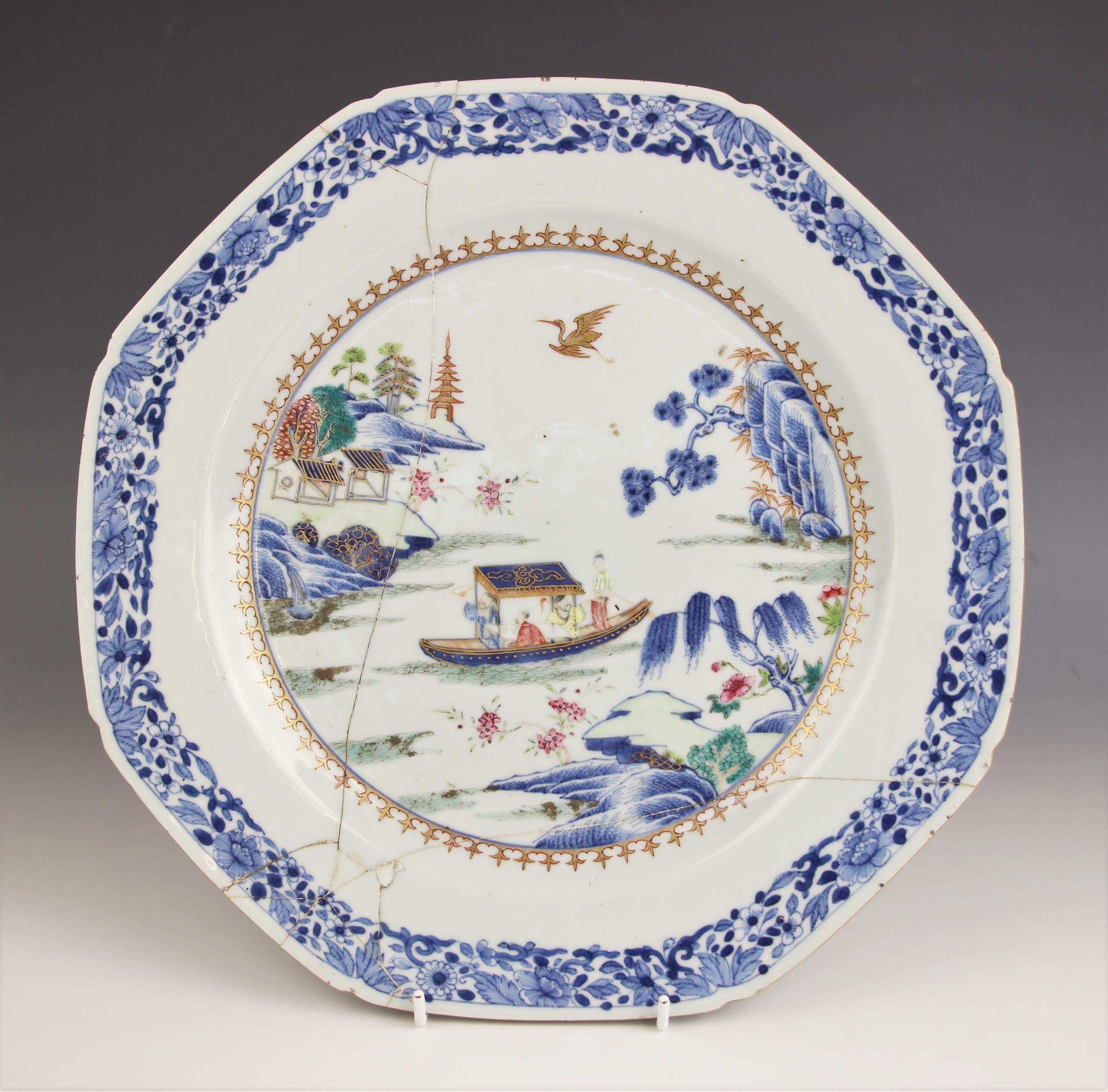 A Chinese export porcelain charger, Qianlong (1736-1795), the octagonal charger decorated in a