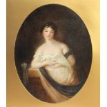 French School (late 18th century), An oval mounted half length portrait of a seated young lady in
