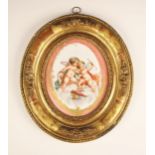 A French Sevres style painted porcelain plaque, 19th century, the oval plaque depicting two