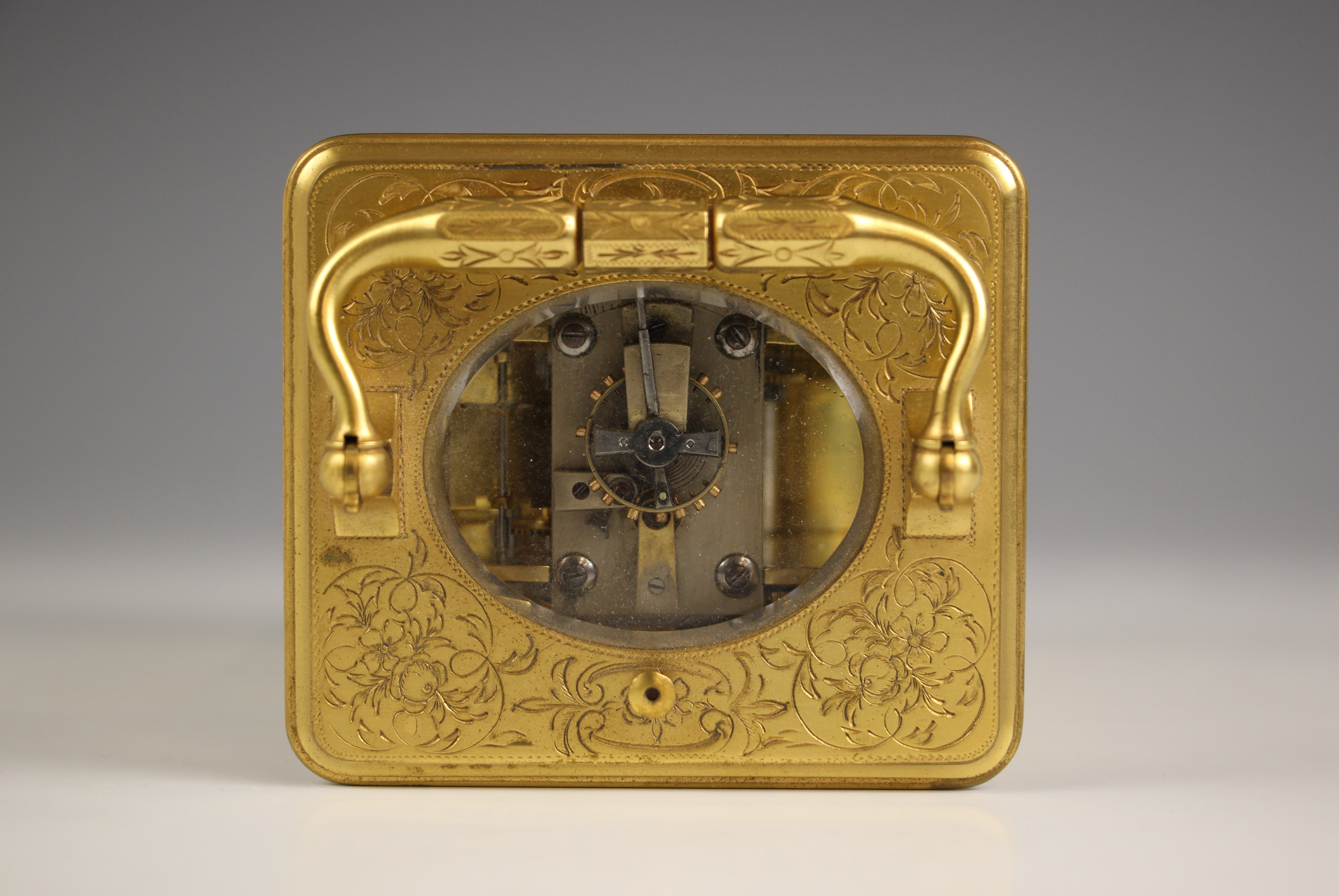 A brass cased repeater carriage clock, by Pierre Drocourt, late 19th century, the profusely chased - Image 4 of 4