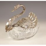 A Continental silver mounted cut glass open salt, designed in the form of a swan with hinged wing '