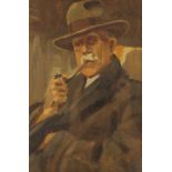 English school (20th century), Half length portrait of a seated gentleman with pipe, trilby and