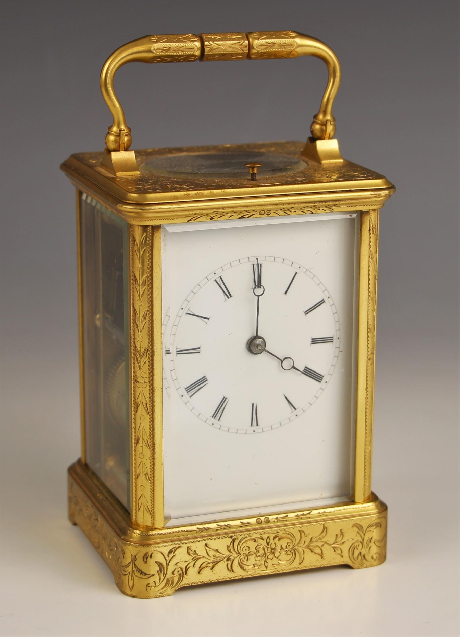 A brass cased repeater carriage clock, by Pierre Drocourt, late 19th century, the profusely chased