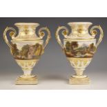 A pair of Bloor Derby vases, 19th century, each urn shaped vase with acanthus moulded handles