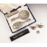 A selection of silver items, including a silver mounted dressing table set, W I Broadway & Co,