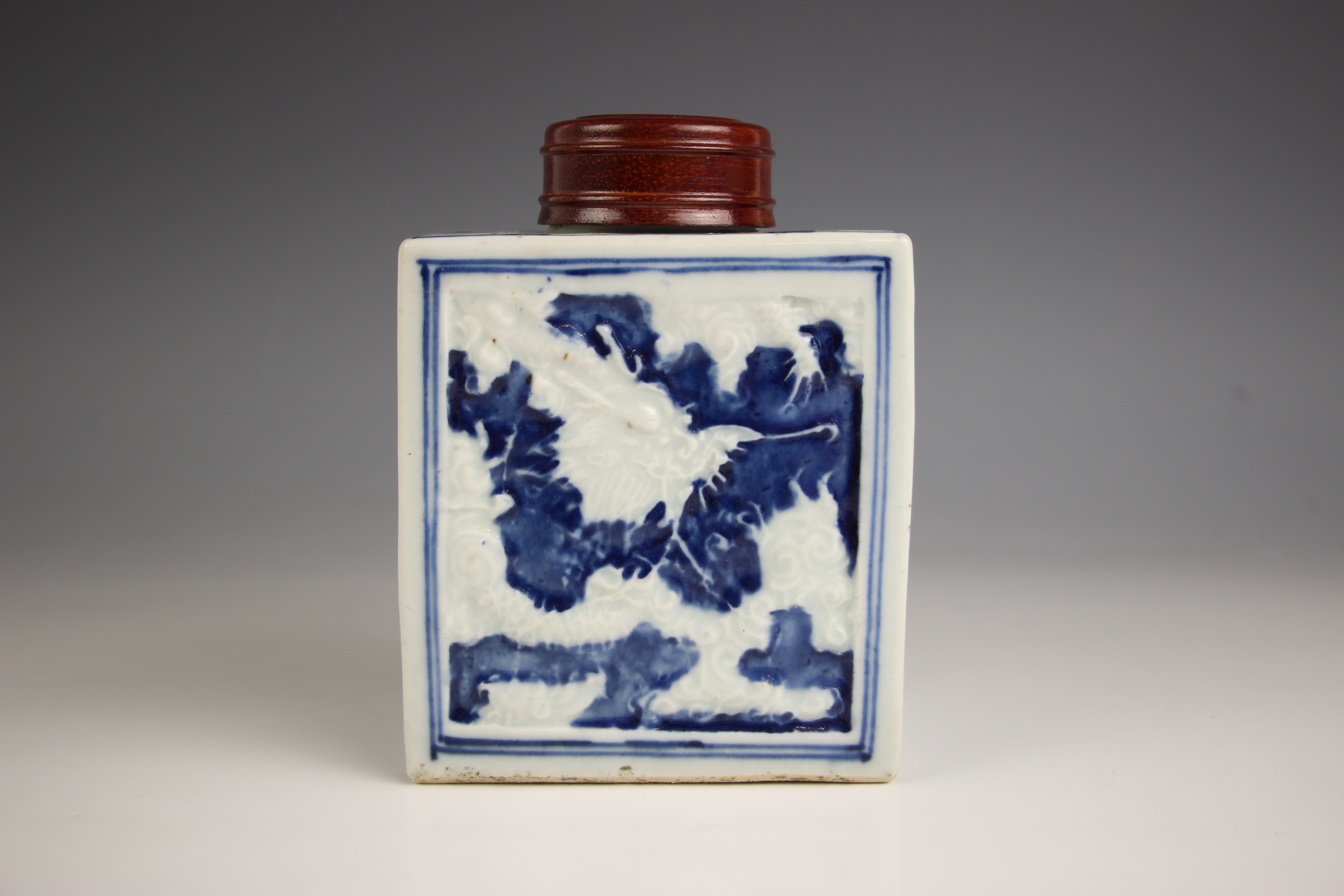 A Chinese porcelain blue and white tea caddy, 18th century, of rectangular form and relief decorated - Image 5 of 7