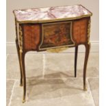 A French Louis XV Vernis Martin style marble top kingwood side cabinet, early 20th century, the