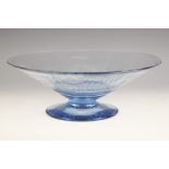A Portieux blue glass bowl, 20th century, the conical bowl with stepped central well, the exterior