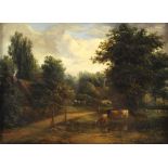 Attributed to Alfred Vickers (British, 1786-1868), A country lane with cattle, sheep and a figure,