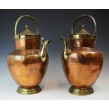 A pair of copper and brass vessels and covers, 20th century, of ovoid form with raised neck , the