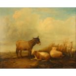 Attributed to Thomas Sidney Cooper RA (British, 1803-1902), A donkey with two sheep by a broken
