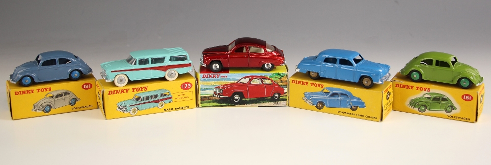 Five Dinky Toys die-cast model vehicles, mid 20th century and later, to include: a 173 Nash Rambler,