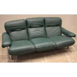 A green leather and chromed tubular three piece lounge suite, mid to late 20th century, of modular