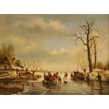 M Feijen (Dutch school, 20th century), A frozen river scene with sleds and figures, Oil on board,