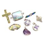 A selection of enamel jewellery, including two enamel locket pendants, Thomas Russell, Chester 1914,