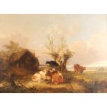 Circle of Thomas Sidney Cooper RA (British, 1803-1902), Cattle resting outside a barn, Oil on