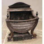 An Adam style cast iron fire basket, the arched back panel over urn finials and a railed bowfront,