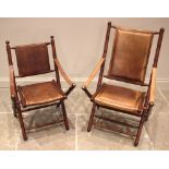 A 19th century style tan leather and mahogany folding campaign chair, late 20th century, the