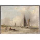 English school (late 19th century), A dinghy tied up with fishing boats beyond, Oil on canvas,