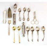 A selection of silver and silver coloured items, to include a Victorian silver vesta case/whistle,