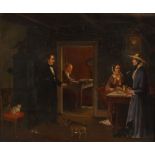 American school (19th century), Interior scene with ladies, gentlemen, dogs and a cat, Oil on