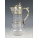An Edwardian silver mounted claret jug, the cylindrical body etched with vines bearing clusters of