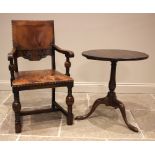 A 17th style oak elbow chair, early 20th century, the leather back rest with peripheral stud