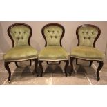 A set of three Victorian green velour upholstered button back bedroom chairs, the back rest of