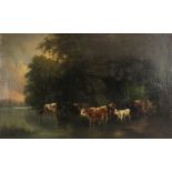 Barbizon school (mid 19th century), Cattle watering in a woodland stream, Oil on canvas,