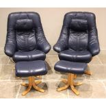 A pair of blue leather revolving and reclining ‘Stressless’ type armchairs, each raised upon five