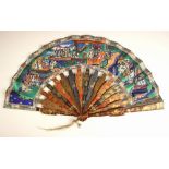 A Chinese Canton fan, 19th century, the leaves polychrome painted with an extensive scene of