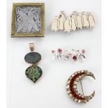 A selection of brooches, including a Wayne Hosie 'The Bathers' brooch, the rectangular brooch with