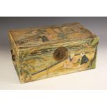 A Chinese painted vellum storage chest, late 19th century, the rectangular box with a hinged cover