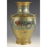 A large Chinese polished bronze cloisonne vase, 19th century, the baluster shaped vase decorated