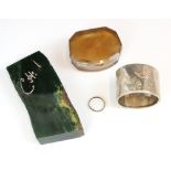 An octagonal banded agate trinket box, mounted with silver coloured metal, 7.5cm long, a nephrite