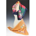 A Christian Dior silk scarf, the peach scarf with green, lilac and white details, 77cm x 75cm, along