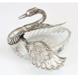A silver mounted novelty swan open salt, Israel Freeman & Son Ltd, London 1960, the glass body