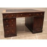 A Victorian mahogany twin pedestal partners' desk, the rectangular moulded top with inset skiver,