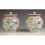 A pair of Chinese porcelain celadon-ground famille rose jars, Guangxu (1875-1908), each of ovoid